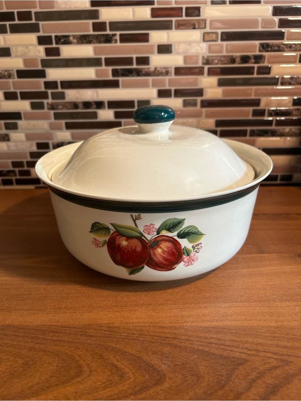 White Ceramic Casserole Dish with Apple Motif and Green Trim